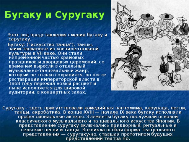 Бугаку и Суругаку  Этот вид представления сменил бугаку и саругаку.  Бугаку: (