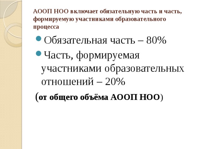 АООП НОО включает обязательную часть и часть, формируемую участниками образовательного процесса Обязательная часть – 80% Часть, формируемая участниками образовательных отношений – 20% ( от общего объёма АООП НОО ) 