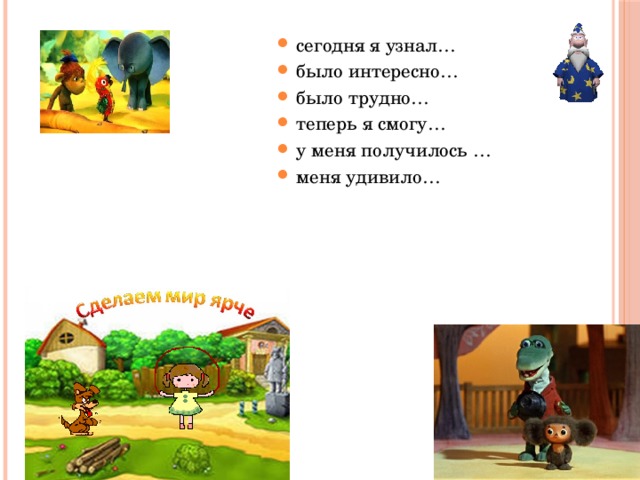 сегодня я узнал… было интересно… было трудно… теперь я смогу… у меня получилось … меня удивило… сегодня я узнал… было интересно… было трудно… теперь я смогу… у меня получилось … меня удивило…