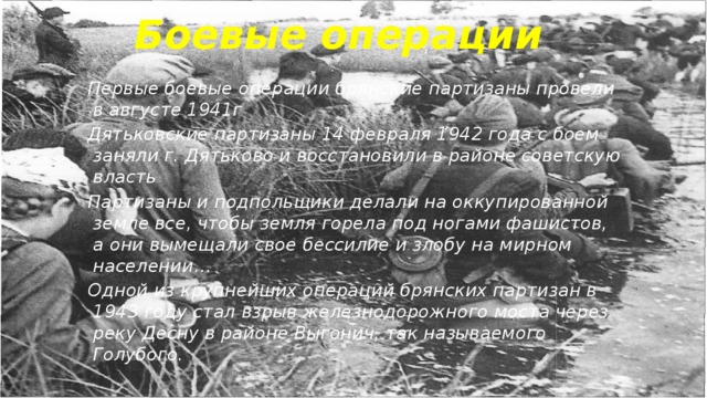 Боевые операции Первые боевые операции брянские партизаны провели в августе 1941г Дятьковские партизаны 14 февраля 1942 года с боем заняли г. Дятьково и восстановили в районе советскую власть Партизаны и подпольщики делали на оккупированной земле все, чтобы земля горела под ногами фашистов, а они вымещали свое бессилие и злобу на мирном населении… Одной из крупнейших операций брянских партизан в 1943 году стал взрыв железнодорожного моста через реку Десну в районе Выгонич, так называемого Голубого.