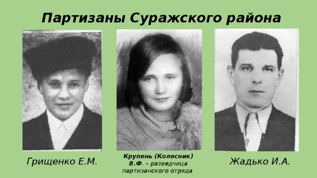 Партизаны Суражского района Крупень (Колесник) В.Ф . – разведчица партизанского отряда Грищенко Е.М. Жадько И.А.