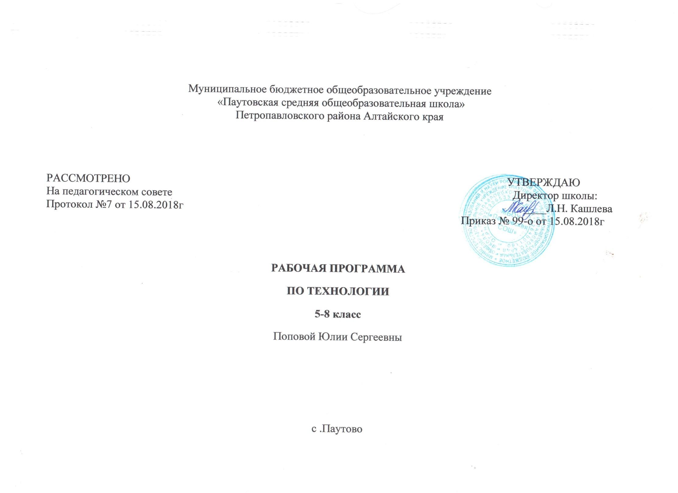 Рабочая программа по технологии для неделимых классов Синицина,Симоненко 5-8  класс