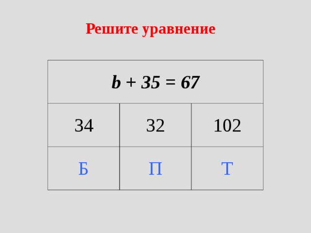 Решите уравнение b + 35 = 67 34 32 Б П 102 Т 