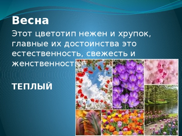 Весна Этот цветотип нежен и хрупок, главные их достоинства это естественность, свежесть и женственность. ТЕПЛЫЙ 