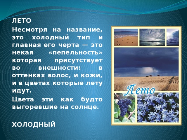 ЛЕТО Несмотря на название, это холодный тип и главная его черта — это некая «пепельность» которая присутствует во внешности: в оттенках волос, и кожи, и в цветах которые лету идут. Цвета эти как будто выгоревшие на солнце.  ХОЛОДНЫЙ 