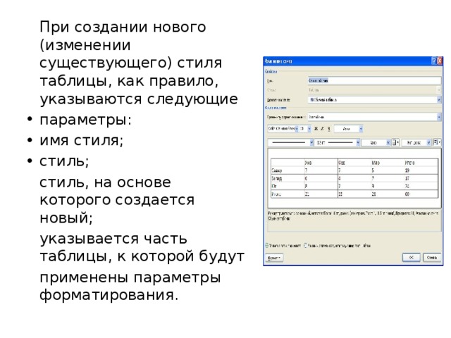  При создании нового (изменении существующего) стиля таблицы, как правило, указываются следующие параметры: имя стиля; стиль;  стиль, на основе которого создается новый;  указывается часть таблицы, к которой будут  применены параметры форматирования. 