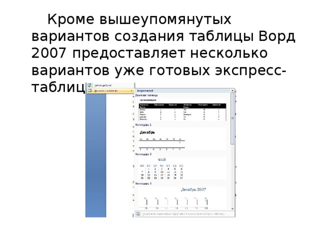   Кроме вышеупомянутых вариантов создания таблицы Ворд 2007 предоставляет несколько вариантов уже готовых экспресс-таблиц. 