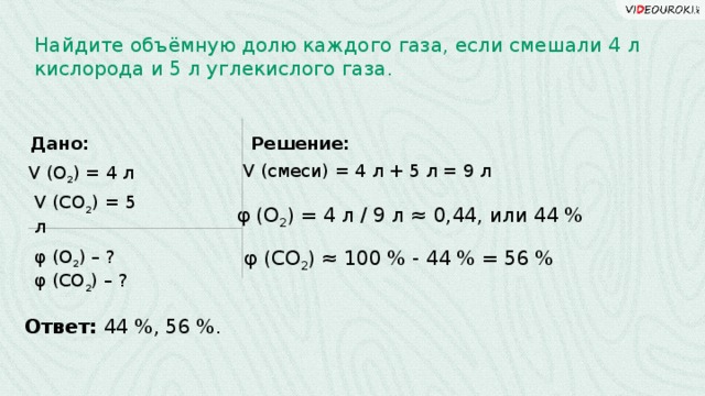 Найдите объёмную долю каждого газа, если смешали 4 л кислорода и 5 л углекислого газа. Дано: Решение: V (смеси) = 4 л + 5 л = 9 л V (О 2 ) = 4 л V (CO 2 ) = 5 л φ (О 2 ) = 4 л / 9 л ≈ 0,44, или 44 % φ (О 2 ) – ? φ (СО 2 ) ≈ 100 % - 44 % = 56 % φ (СО 2 ) – ? Ответ: 44 %, 56 %.  