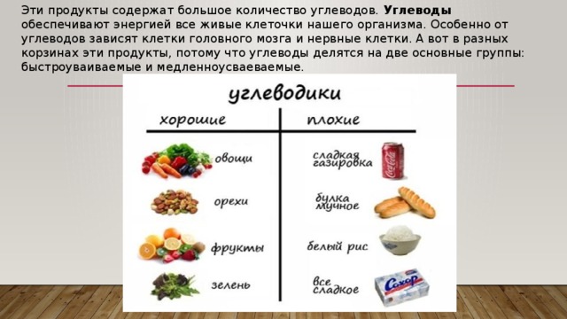 Эти продукты содержат большое количество углеводов. Углеводы обеспечивают энергией все живые клеточки нашего организма. Особенно от углеводов зависят клетки головного мозга и нервные клетки. А вот в разных корзинах эти продукты, потому что углеводы делятся на две основные группы: быстроуваиваемые и медленноусваеваемые. 