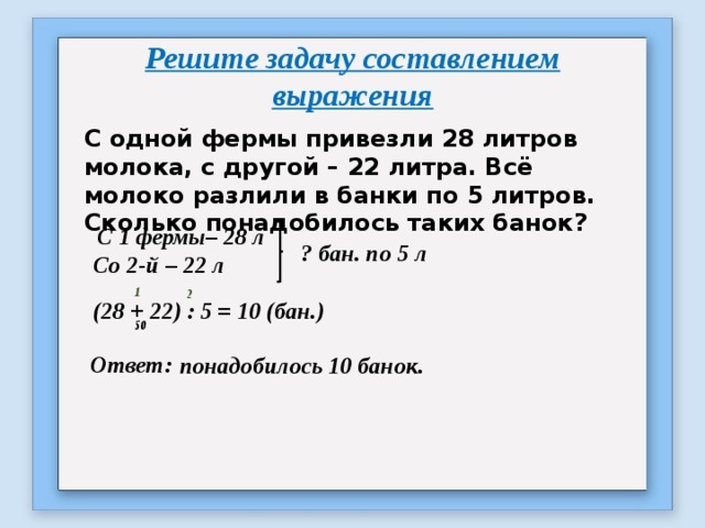 Решите задачу составлением выражения С одной фермы привезли 28 литров молока, с другой – 22 литра. Всё молоко разлили в банки по 5 литров. Сколько понадобилось таких банок? С 1 фермы– 28 л ? бан. по 5 л Со 2-й – 22 л 1 2 (28 + 22) : 5 = 10 (бан.) 50 Ответ: понадобилось 10 банок. 