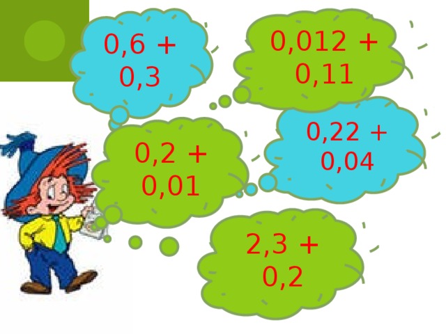 0,6 + 0,3 0,012 + 0,11 0,22 + 0,04 0,2 + 0,01 2,3 + 0,2