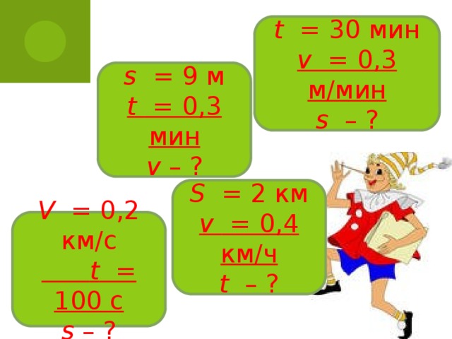 t = 30 мин  v = 0,3 м/мин  s – ? s = 9 м  t = 0,3 мин  v – ? S = 2 км  v = 0,4 км/ч  t – ? V = 0,2 км/с   t = 100 с  s – ?