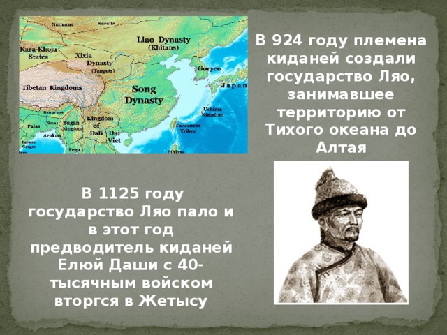 В 924 году племена киданей создали государство Ляо, занимавшее территорию от Тихого океана до Алтая  В 1125 году государство Ляо пало и в этот год предводитель киданей Елюй Даши с 40-тысячным войском вторгся в Жетысу 