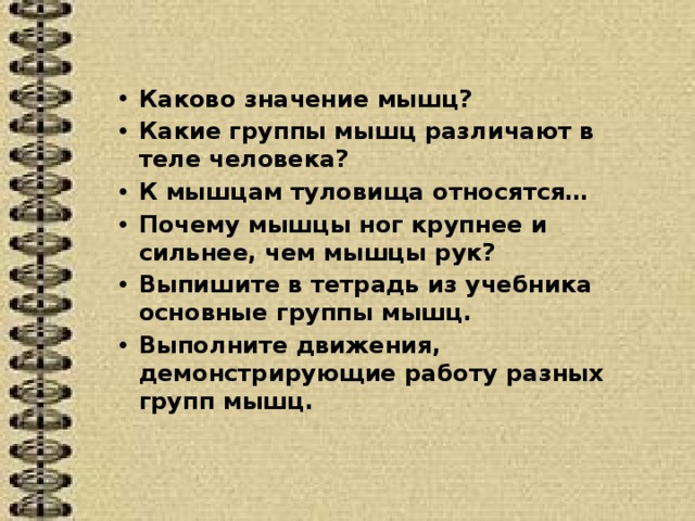 Каково значение мышц? Какие группы мышц различают в теле человека? К мышцам туловища относятся… Почему мышцы ног крупнее и сильнее, чем мышцы рук? Выпишите в тетрадь из учебника основные группы мышц. Выполните движения, демонстрирующие работу разных групп мышц.  