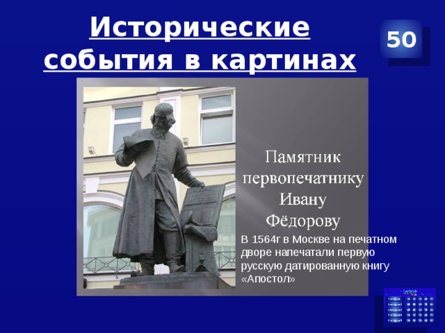 Исторические события в картинах 50 В 1564г в Москве на печатном дворе напечатали первую русскую датированную книгу «Апостол» 