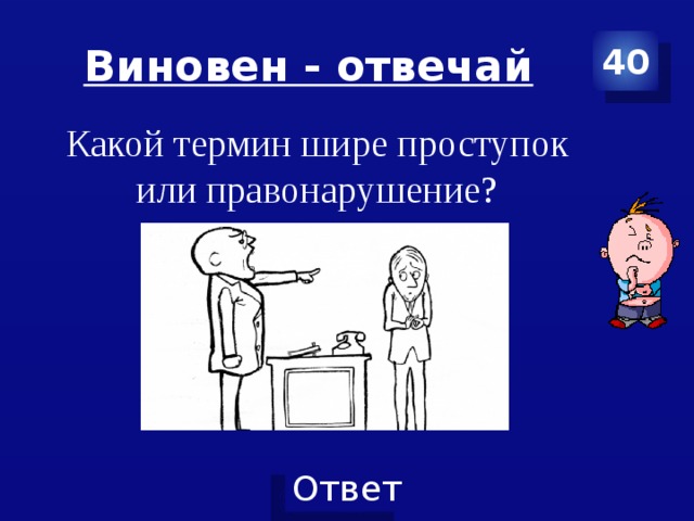 Виновен - отвечай 40 Какой термин шире проступок или правонарушение? 