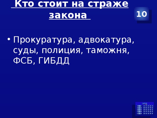  Кто стоит на страже закона   10 Прокуратура, адвокатура, суды, полиция, таможня, ФСБ, ГИБДД  