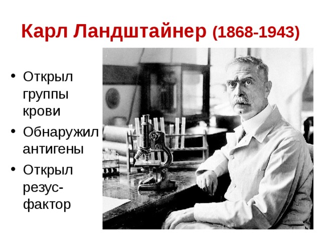 Карл Ландштайнер (1868-1943) Открыл группы крови Обнаружил антигены Открыл резус-фактор 