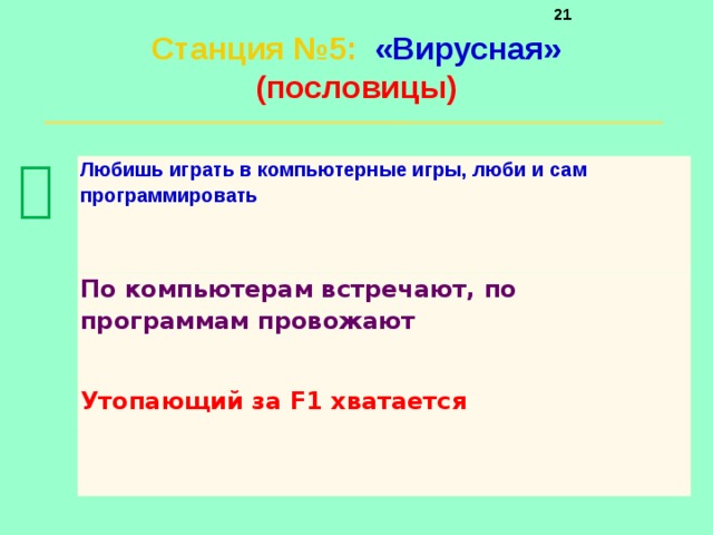     Станция №5 :  «Вирусная»  (пословицы)    Любишь играть в компьютерные игры, люби и сам программировать По компьютерам встречают, по программам провожают Утопающий за F1 хватается 