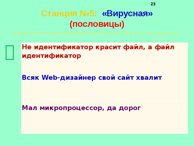     Станция №5 :  «Вирусная»  (пословицы)    Не идентификатор красит файл, а файл идентификатор Всяк Web-дизайнер свой сайт хвалит Мал микропроцессор, да дорог 