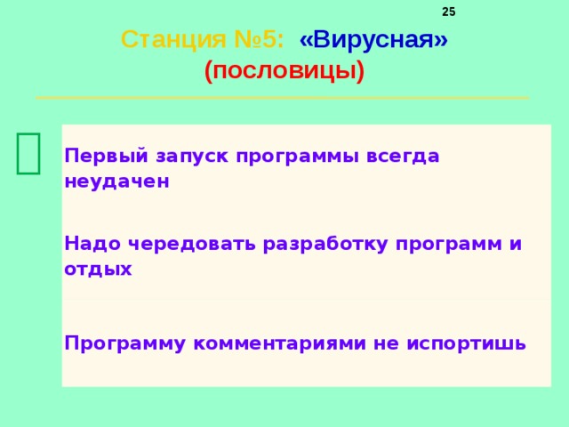     Станция №5 :  «Вирусная»  (пословицы)    Первый запуск программы всегда неудачен Надо чередовать разработку программ и отдых  Программу комментариями не испортишь 