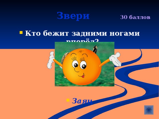  Звери  30 баллов Кто бежит задними ногами вперёд?      Заяц 