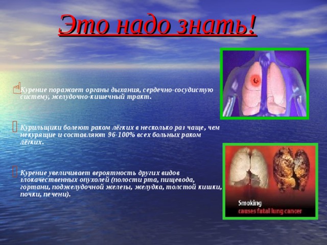 Это надо знать!   Курение поражает органы дыхания, сердечно-сосудистую систему, желудочно-кишечный тракт.  Курильщики болеют раком лёгких в несколько раз чаще, чем некурящие и составляют 96-100% всех больных раком лёгких.  Курение увеличивает вероятность других видов злокачественных опухолей (полости рта, пищевода, гортани, поджелудочной железы, желудка, толстой кишки, почки, печени). 