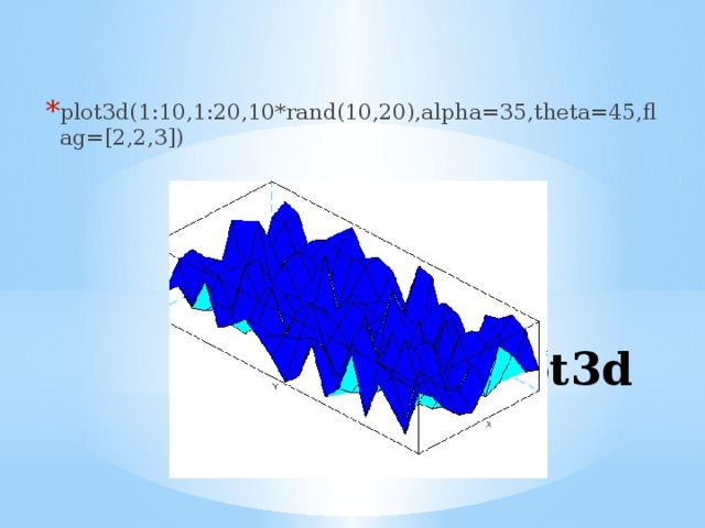 plot3d(1:10,1:20,10*rand(10,20),alpha=35,theta=45,flag=[2,2,3]) plot3d 