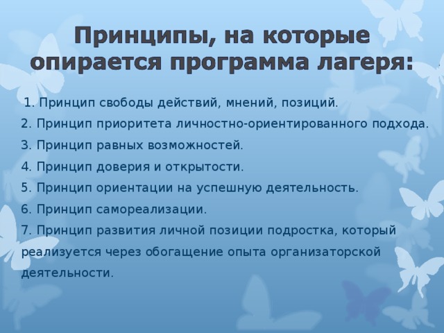  1. Принцип свободы действий, мнений, позиций.  2. Принцип приоритета личностно-ориентированного подхода.  3. Принцип равных возможностей.  4. Принцип доверия и открытости.  5. Принцип ориентации на успешную деятельность.  6. Принцип самореализации.  7. Принцип развития личной позиции подростка, который реализуется через обогащение опыта организаторской деятельности. 