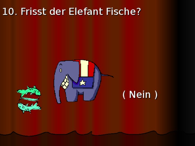 10. Frisst der Elefant Fische?         ( Nein ) 