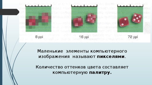 Маленькие элементы компьютерного изображения называют пикселями . Количество оттенков цвета составляет компьютерную палитру.  