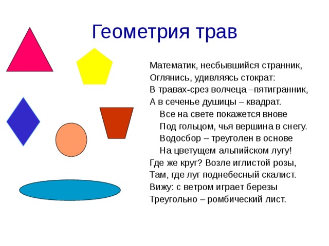 Геометрия трав Математик, несбывшийся странник, Оглянись, удивляясь стократ: В травах-срез волчеца –пятигранник, А в сеченье душицы – квадрат.  Все на свете покажется внове  Под гольцом, чья вершина в снегу.  Водосбор – треуголен в основе  На цветущем альпийском лугу! Где же круг? Возле иглистой розы, Там, где луг поднебесный скалист. Вижу: с ветром играет березы Треугольно – ромбический лист. 