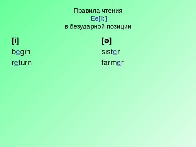 Правила чтения   Ee[i:]  в безударной позиции [i] b e gin r e turn [ ə ] sist e r farm e r