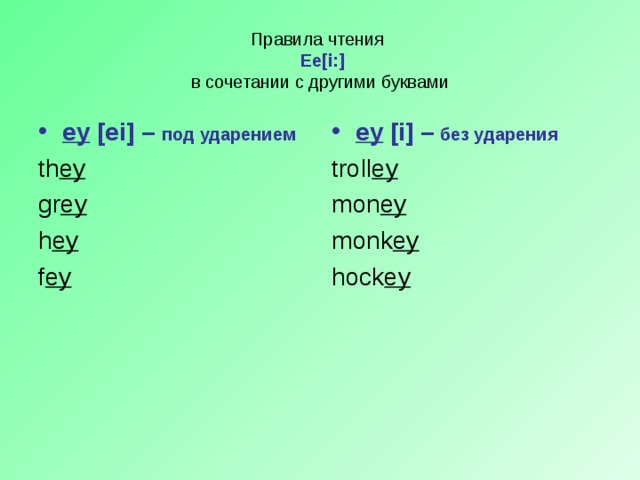 Правила чтения   Ee[i:]  в сочетании с другими буквами ey [ei] –  под ударением ey [i] – без ударения th ey gr ey h ey f ey  troll ey mon ey monk ey hock ey