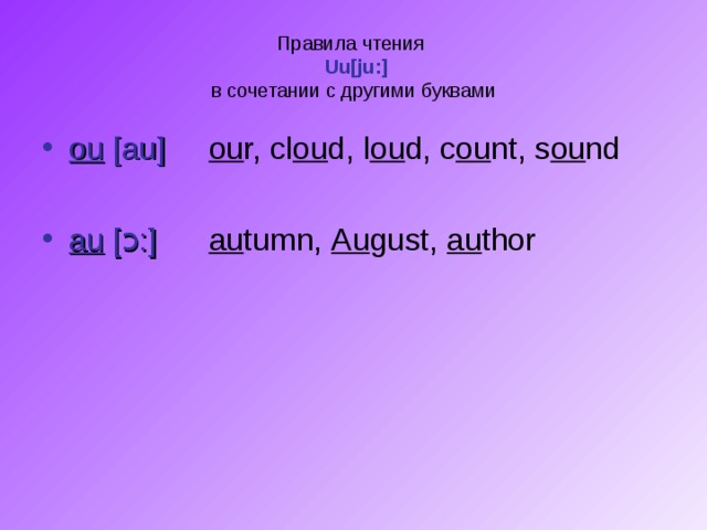 Правила чтения   Uu[ju:]  в сочетании с другими буквами