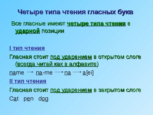 Четыре типа чтения гласных букв   Все гласные имеют четыре типа чтения в  ударной позиции I тип чтения Гласная стоит под ударением в открытом слоге ( всегда читай как в алфавите ) na me   na -me na  a [ei] II тип чтения Гласная стоит под ударением в закрытом слоге C a t p e n d o g