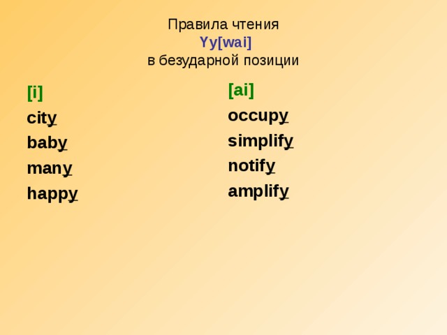 Правила чтения   Yy[wai]  в безударной позиции [ai] occup y simplif y notif y amplif y [i] cit y bab y man y happ y