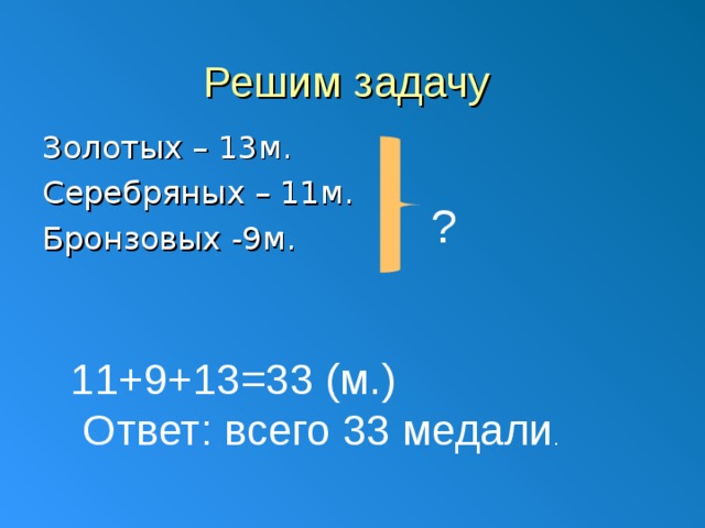 Решим задачу Золотых – 13м. Серебряных – 11м. Бронзовых -9м. ? 11+9+13=33 (м.)  Ответ: всего 33 медали .