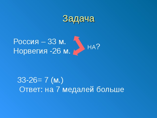 Задача Россия – 33 м. Норвегия -26 м. НА ? З3-26= 7 (м.)  Ответ: на 7 медалей больше