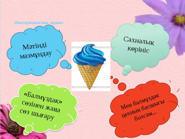   Мәтінді мазмұндау «Балмұздақ» сөзінен жаңа сөз шығару Мен балмұздақ цехның басшысы болсам... Сахналық көрініс Шығармашылық жұмыс 