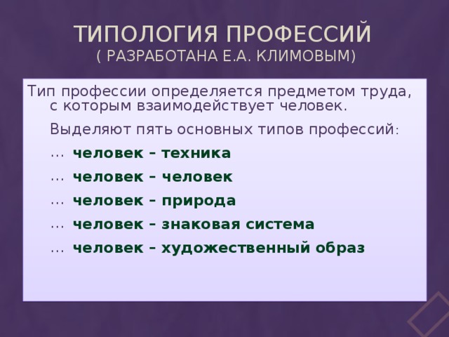 Типология профессий  ( разработана Е.А. Климовым) Тип профессии определяется предметом труда, с которым взаимодействует человек.  Выделяют пять основных типов профессий :