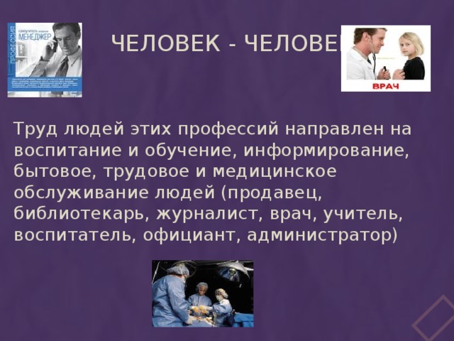 Человек - человек Труд людей этих профессий направлен на воспитание и обучение, информирование, бытовое, трудовое и медицинское обслуживание людей (продавец, библиотекарь, журналист, врач, учитель, воспитатель, официант, администратор)