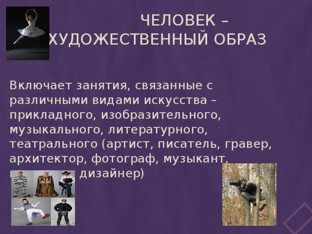 Человек – художественный образ Включает занятия, связанные с различными видами искусства – прикладного, изобразительного, музыкального, литературного, театрального (артист, писатель, гравер, архитектор, фотограф, музыкант, модельер, дизайнер)