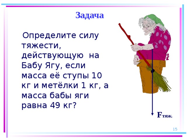 Определите силу тяжести действующую. Определите силу тяжести действующую на бабу Ягу. Определить силу тяжести. Определите силу тяжести действующую на бабу Ягу если масса ее ступы. Задачи на f тяж.