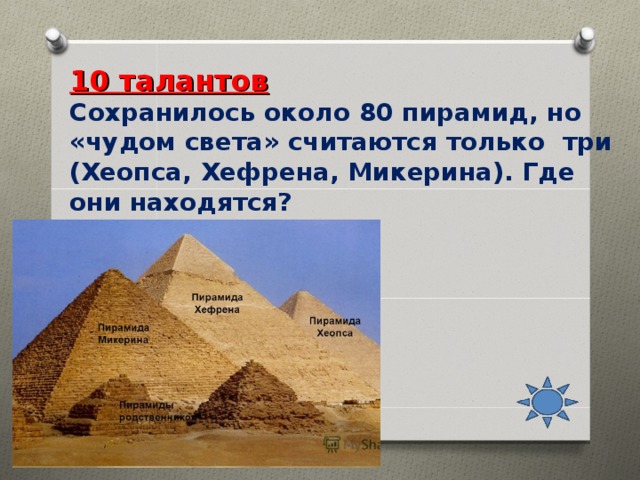 10 талантов  Сохранилось около 80 пирамид, но «чудом света» считаются только три (Хеопса, Хефрена, Микерина). Где они находятся?  а) в Пизе;   б) на плато Гиза;  в) в Александрии.   