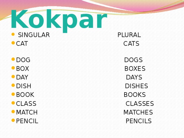  Kokpar  SINGULAR PLURAL CAT CATS DOG DOGS BOX BOXES DAY DAYS DISH DISHES BOOK BOOKS CLASS CLASSES MATCH MATCHES PENCIL PENCILS   