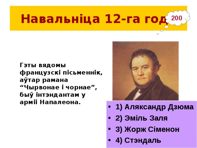 Навальніца 12-га  года 200 Гэты вядомы французскі пісьменнік, аўтар рамана “Чырвонае і чорнае”, быў інтэндантам у арміі Напалеона. 1) Аляксандр Дзюма 2) Эміль Заля 3) Жорж Сіменон 4) Стэндаль 