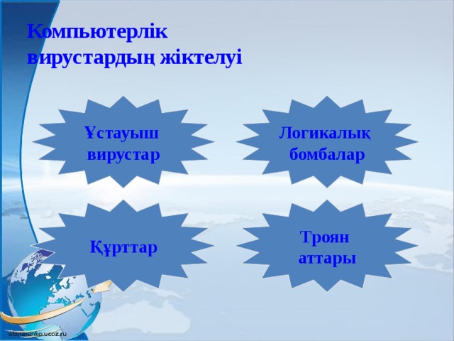 Компьютерлік  вирустардың жіктелуі Ұстауыш Логикалық вирустар бомбалар Құрттар Троян аттары 