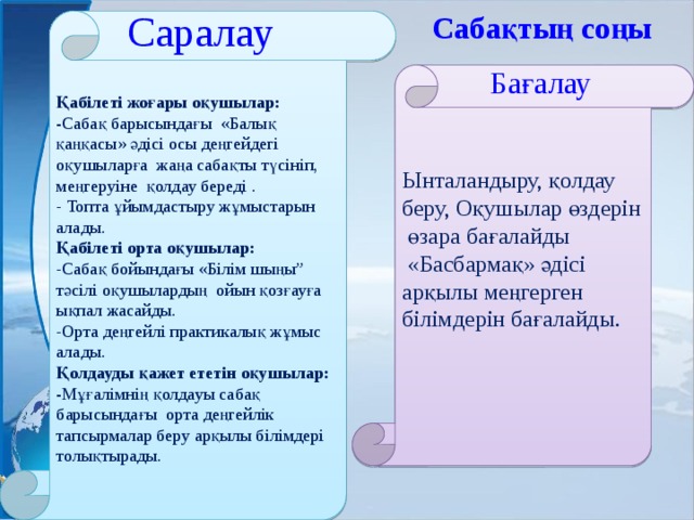 Саралау Сабақтың соңы Қабілеті жоғары оқушылар: - Сабақ барысындағы «Балық қаңқасы» әдісі осы деңгейдегі оқушыларға жaңa сaбaқты түсініп, меңгеруіне қолдау береді . - Топта ұйымдастыру жұмыстарын алады. Қабілеті орта оқушылар: -Сабақ бойындағы  «Білім шыңы” тәсілі оқушылардың ойын қозғауға ықпал жасайды. -Орта деңгейлі прaктикaлық жұмыс алады. Қолдауды қажет ететін оқушылар: - Мұғалімнің қолдауы сабақ барысындағы орта деңгейлік тапсырмалар беру арқылы білімдері толықтырады. Бағалау Ынталандыру, қолдау беру, Оқушылар өздерін өзара бағалайды  «Бaсбaрмaқ» әдісі арқылы меңгерген білімдерін бағалайды. 