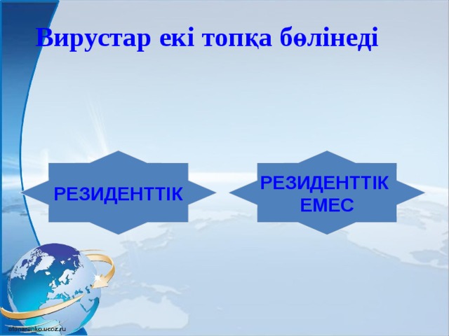 Вирустар екі топқа бөлінеді РЕЗИДЕНТТІК РЕЗИДЕНТТІК ЕМЕС 